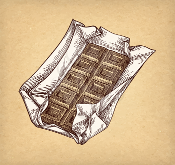 Bar of milk chocolate. Ink sketch on old paper background. Hand drawn vector illustration. Retro style.