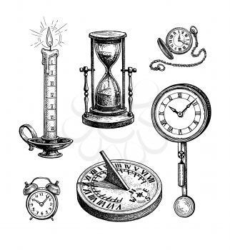 Different types of clocks. Ink sketch isolated on white background. Hand drawn vector illustration. Retro style.