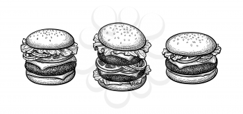 Double patty burger, hamburger and cheeseburger. Collection of Ink sketches isolated on white background. Hand drawn vector illustration. Retro style.