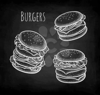 Double patty burger, hamburger and cheeseburger. Collection of chalk sketches on blackboard background. Hand drawn vector illustration. Retro style.