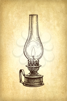 Burning kerosene lamp. Antique oil lantern. Ink sketch on old paper background. Hand drawn vector illustration. Retro style.