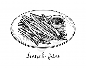 Plate of french fries with sauce. Fried potatoes. Ink sketch isolated on white background. Hand drawn vector illustration. Retro style.