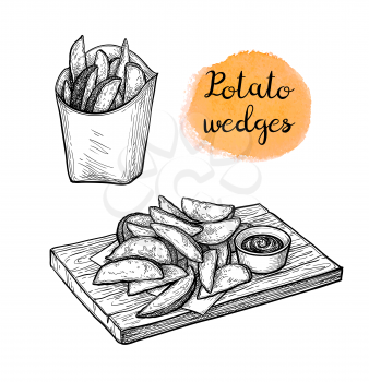 Potato wedges with sauce. Ink sketch isolated on white background. Hand drawn vector illustration. Retro style.
