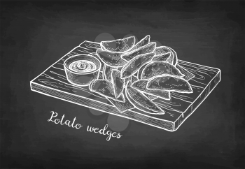 Potato wedges with sauce. Chalk sketch on blackboard background. Hand drawn vector illustration. Retro style.