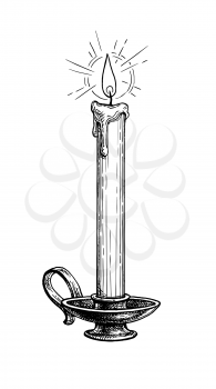 Thin candle burning in a candlestick. Ink sketch isolated on white background. Hand drawn vector illustration. Retro style.
