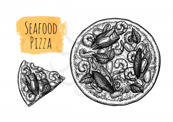 Seafood pizza. Ink sketch isolated on white background. Hand drawn vector illustration. Retro style.
