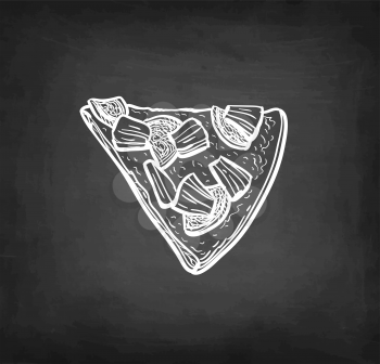 Slice of pizza topped with pineapple and ham. Chalk sketch on blackboard background. Hand drawn vector illustration. Retro style.