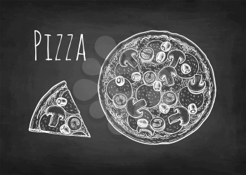 Pizza topped with mushrooms, olives and sausage. Chalk sketch on blackboard background. Hand drawn vector illustration. Retro style.