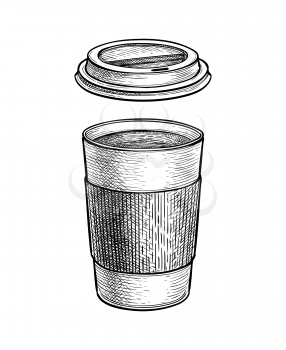Hot drink in paper cup with lid. Coffee or tea. Ink sketch mockup isolated on white background. Hand drawn vector illustration. Retro style.