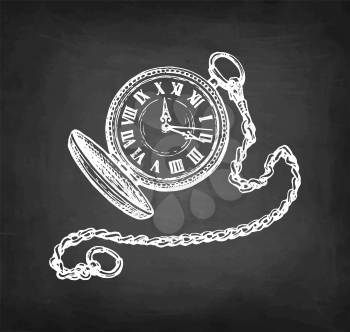 Pocket watch with lid and chain. Chalk sketch on blackboard background. Hand drawn vector illustration. Retro style.