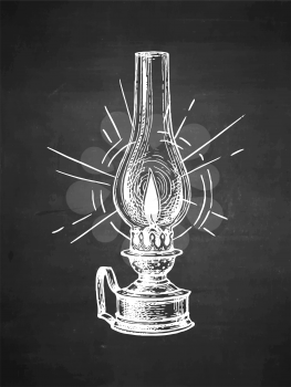 Burning kerosene lamp. Antique oil lantern. Chalk sketch on blackboard background. Hand drawn vector illustration. Retro style.