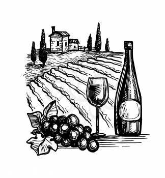 Wine bottles and glass. Bunch of grapes. Vineyard landscape. Ink sketch isolated on white background. Hand drawn vector illustration. Retro style.