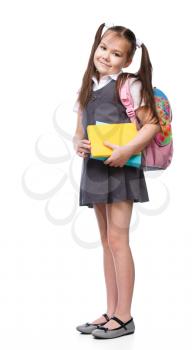 Cute girl is reading book - school, education concept, isolated over white
