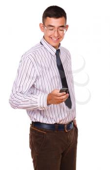 Smiling young man looking at his smart phone, isolated over white