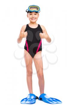 Happy girl with snorkel equipment, isolated over white