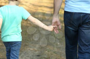 The parent holds the hand of a small child. Fathers day