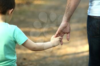 The parent holds the hand of a small child. Fathers day