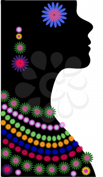 Black female silhouette in profile. Colourful ethnic beads and earrings
