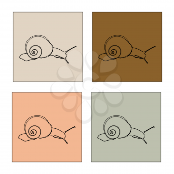 Abstract illustration, black and white silhouette of snail. Set of snails on slope.