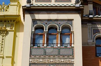 Historic buildings and monuments of Seville, Spain. Architectural details, stone facade and museums Europe. Spanish architectural styles of Gothic and Mudejar, Baroque