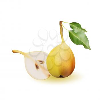 Yellow pear as source of vitamins and minerals to increase energy and combat fatigue and depression. Pear and a half. Mesh. Photorealistic image in pastel colours.