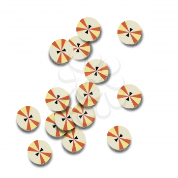 Abstract pattern with brown and gold buttons. Buttons on a white background.