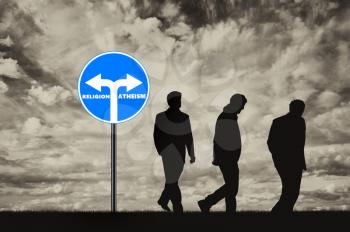 Atheism. Three men Atheists have chosen the direction of atheism near the road sign