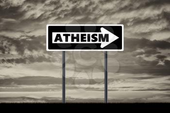Atheism. Traffic sign shows the direction to atheism
