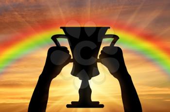 Winning the cup sport. Human hands holding the cup on the background of rainbow sunset