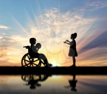 Child in wheelchair playing with healthy girl with ball and reflection in water. Concept of children with disabilities
