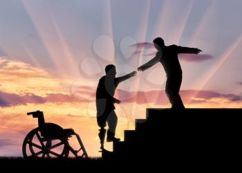 Disabled person in wheelchair holding on to man hand and climb stairs sunset. Concept help disabled