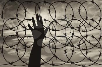 concept of the refugees. Silhouette of a hand outstretched to the sun in the sky background barbed wire