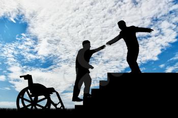 Man gives helping hand to disabled person in wheelchair day. Concept assistance disabled persons