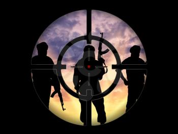 Silhouette of three terrorists with weapons at sunset with reflection in water