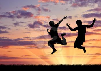 Concept of gay people. Silhouette of two happy gays jump at sunset