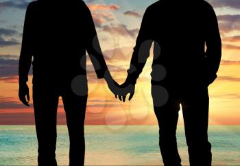 Concept of gay people. Silhouette happy gay men holding hands against the evening sea sunset