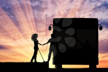 Man helps blind disabled person with tactile cane to enter in bus sunset. Concept help blind disabilities