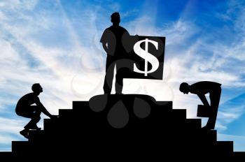 Concept of business. Silhouette of a businessman at the top of the stairs with a dollar sign and competitors
