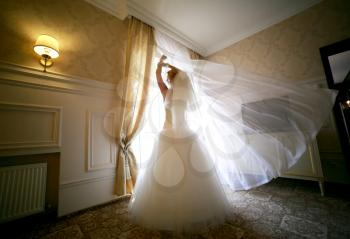 Wedding concept feelings and emotions. Beautiful and elegant a bride standing near a window