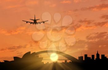 Silhouette of Sydney and the plane coming in to land. tourism and recreation concept