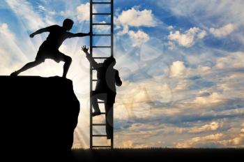 Businessman climbing stairs which keeps partner. Concept of teamwork