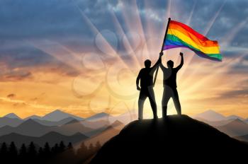 Silhouette of a gay couple with rainbow flag at the top
