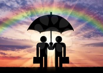 Two icons of little men stand under umbrella together. Concept of a business partner