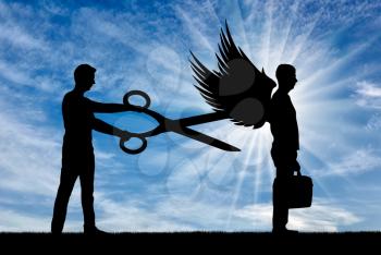 A man with big scissors in his hands intends to cut off the wings of the man in front of him. The concept of betrayal and envy in relation to successful people