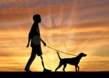 Disability and rehabilitation. Disabled man with prosthetic leg walks with his dog at sunset
