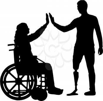 Vector silhouette of a woman in a wheelchair and a man with a prosthetic leg standing to support each other. Conceptual scene, element for design