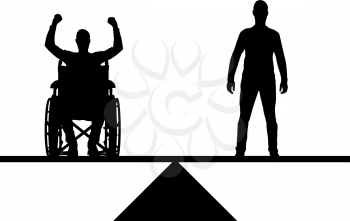 Vector silhouette disabled person in a wheelchair equal rights in the balance with healthy. Conceptual scene, element for design