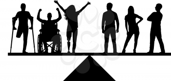 Vector silhouette invalids equal in rights in the balance with healthy people. Conceptual scene, element for design