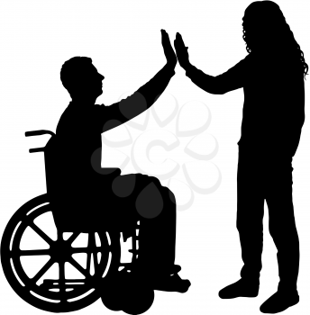 Vector silhouette man disabled in a wheelchair from having fun with each other. Conceptual scene, element for design