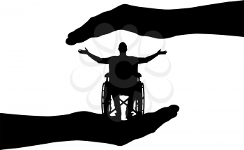 Vector silhouette happy disabled man in wheelchair in hands of help. Conceptual scene, element for design